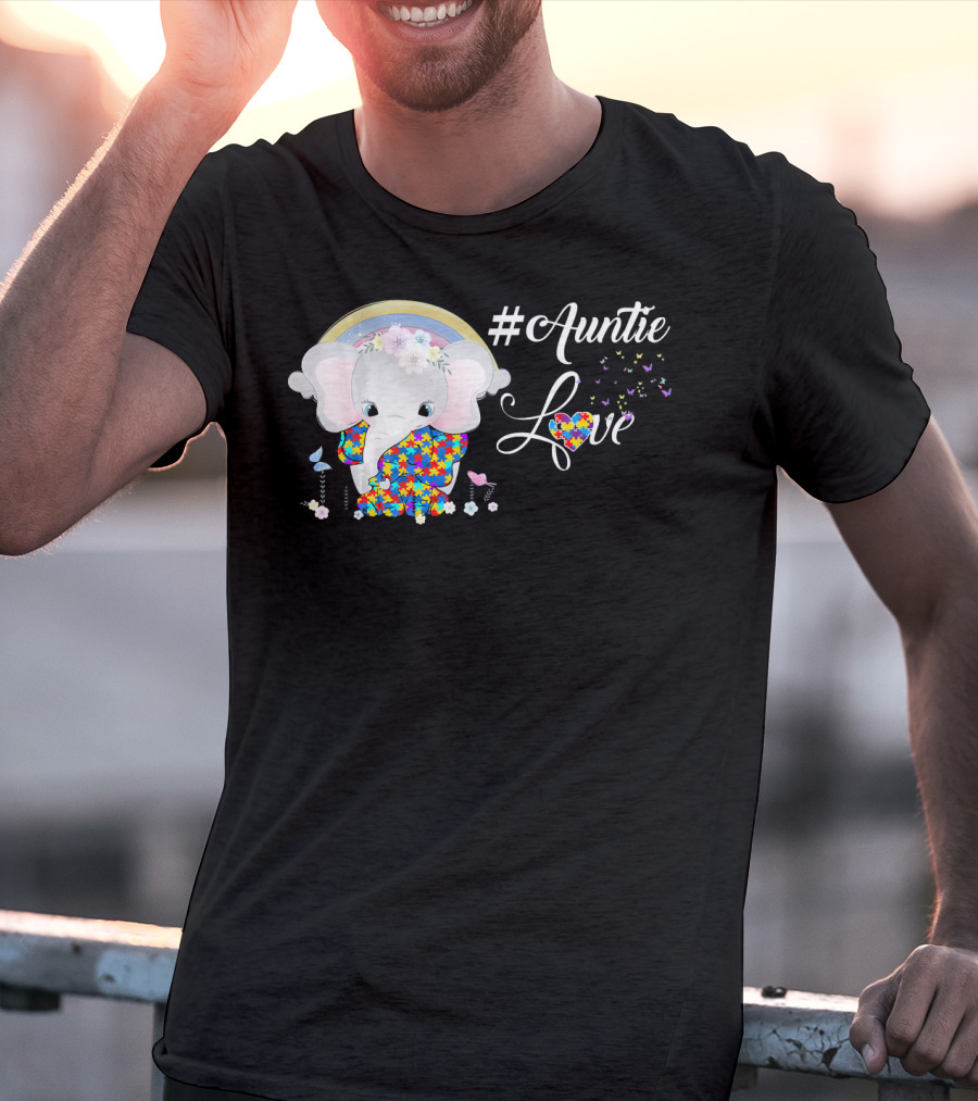 Auntie Love Autism Awareness Elephant With Colorful Puzzle Pattern And Rainbow T-Shirt