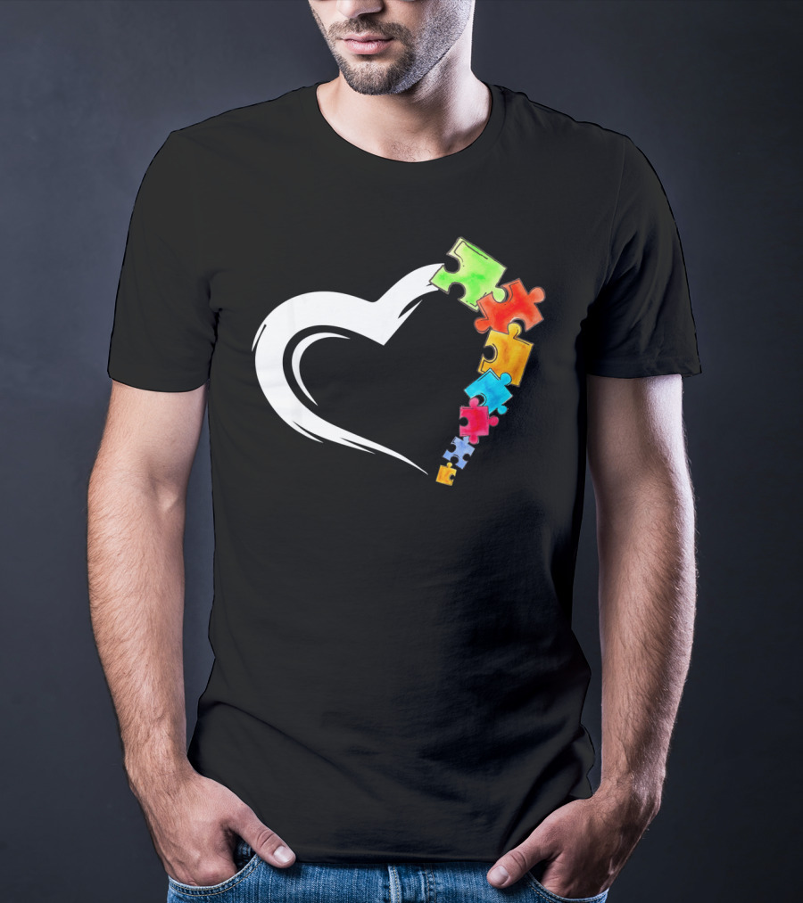 Autism Awareness Love Heart With Colorful Kind Puzzle Pieces T-Shirt