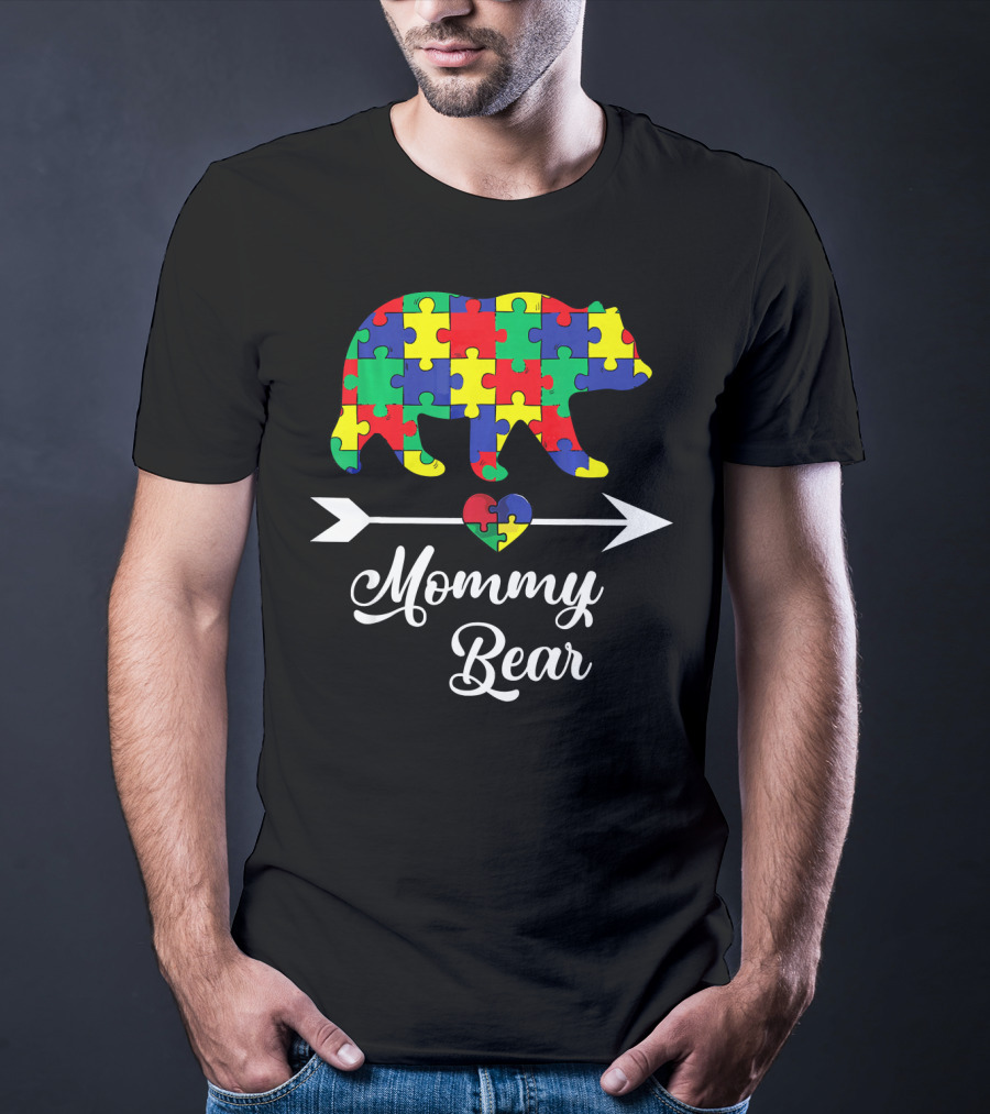 Mommy Bear With Puzzle Heart Autism Awareness T-Shirt