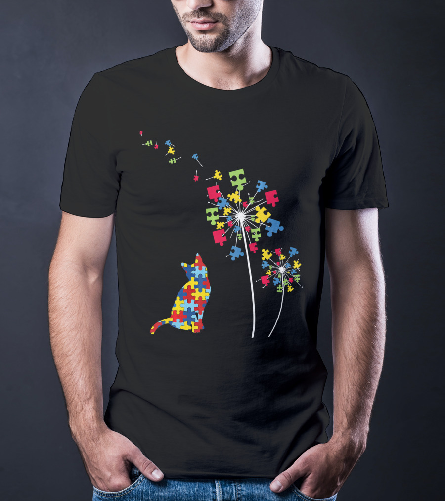 Colorful Puzzle Piece Cat And Dandelion Autism Awareness T-Shirt