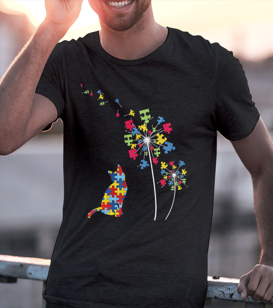 Colorful Puzzle Piece Cat And Dandelion Autism Awareness T-Shirt