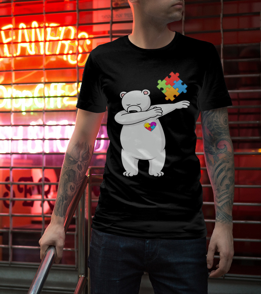 Dabbing Polar Bear Puzzle Piece Heart Autism Awareness T-Shirt
