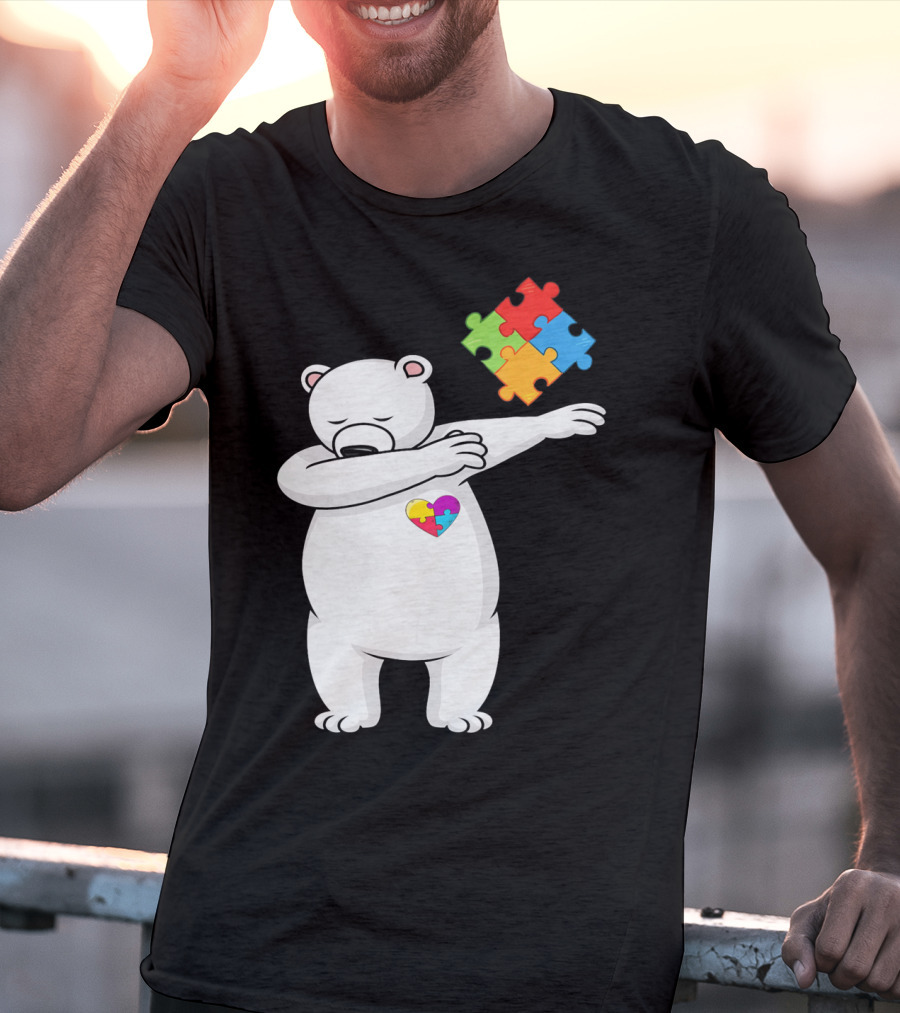 Dabbing Polar Bear Puzzle Piece Heart Autism Awareness T-Shirt