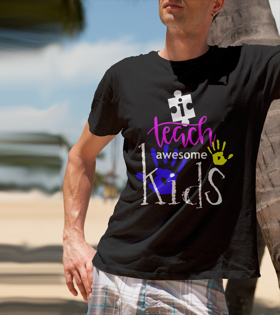 I Teach Awesome Kids Autism Puzzle Piece Handprints T-Shirt