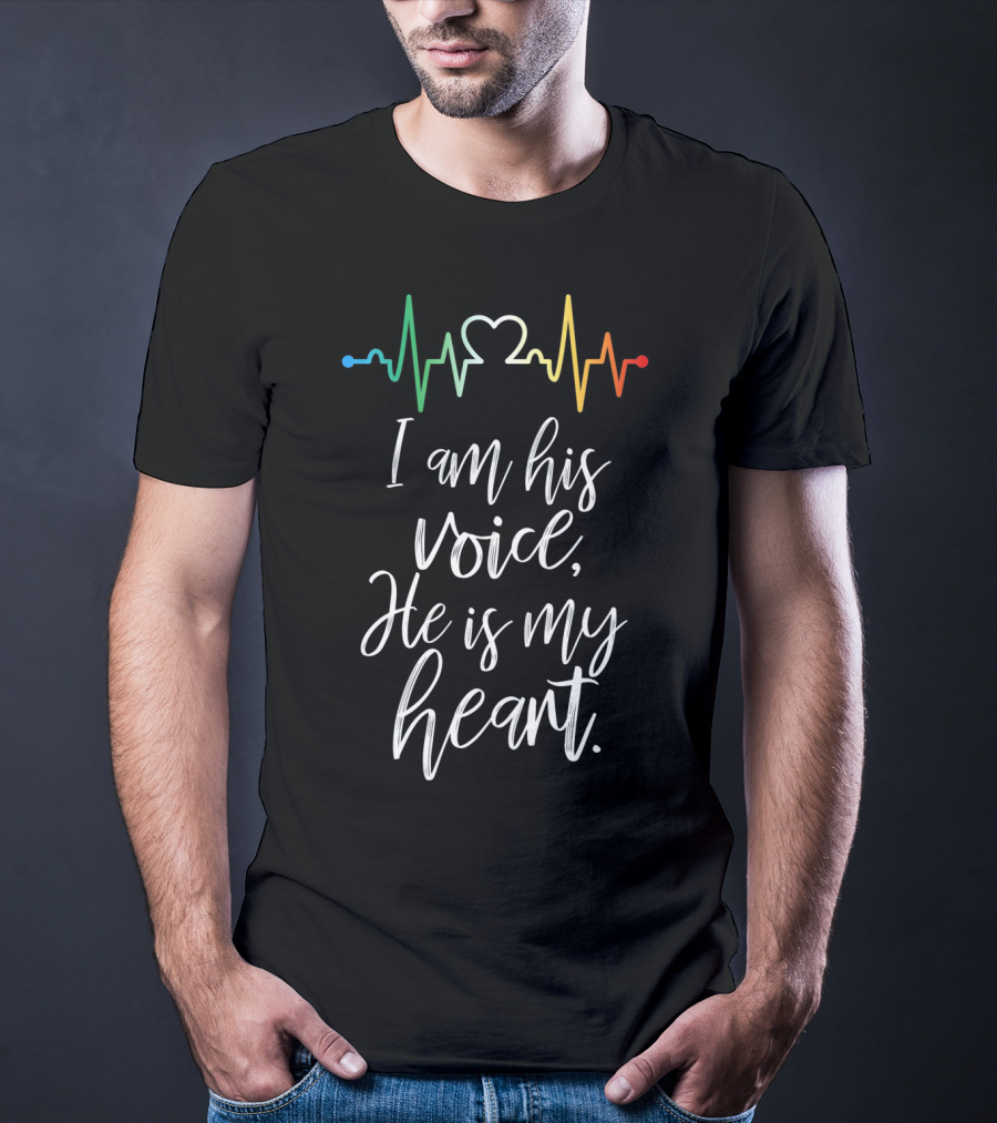 I Am His Voice He Is My Heart Autism Awareness Heartbeat T-Shirt