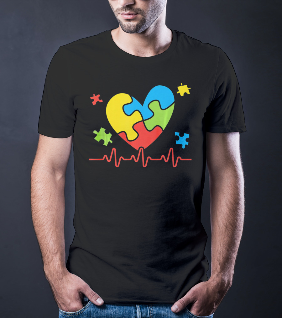 Autism Awareness Heart Puzzle Piece With Heartbeat Line T-Shirt