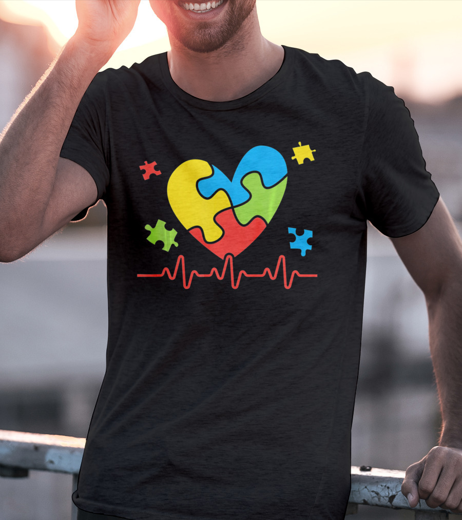Autism Awareness Heart Puzzle Piece With Heartbeat Line T-Shirt