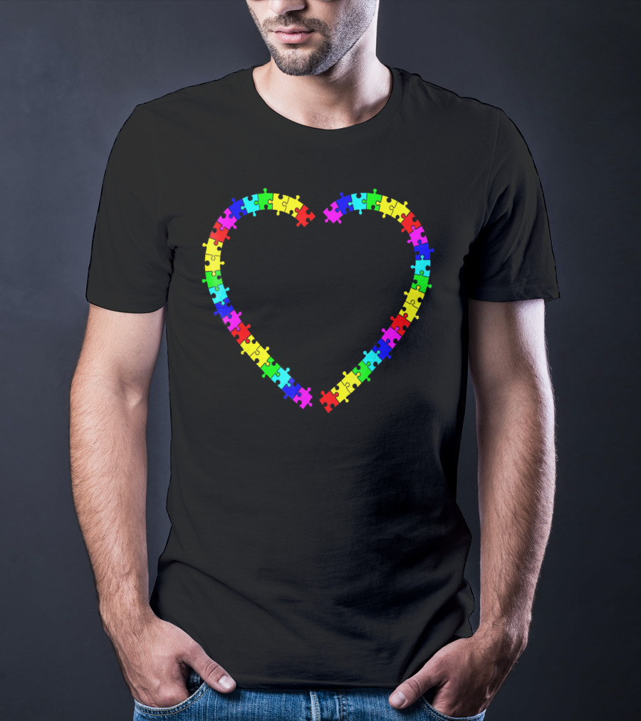 Autism Spectrum Awareness Puzzle Pieces Rainbow Heart T-Shirt