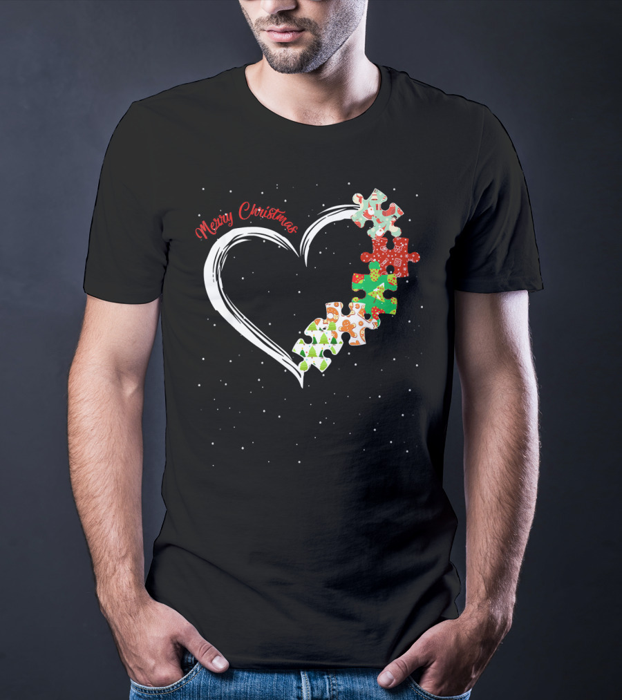 Merry Christmas Autism Awareness Heart Puzzle T-Shirt