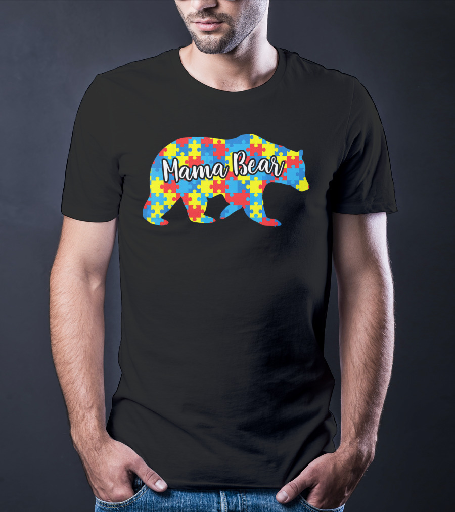 Mama Bear Autism Awareness Puzzle Pattern Love Support T-Shirt