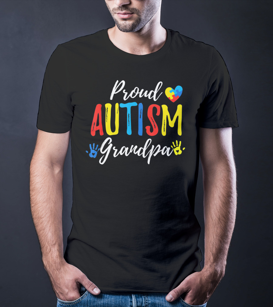 Proud Grandpa Autism Puzzle Heart Handprints T-Shirt