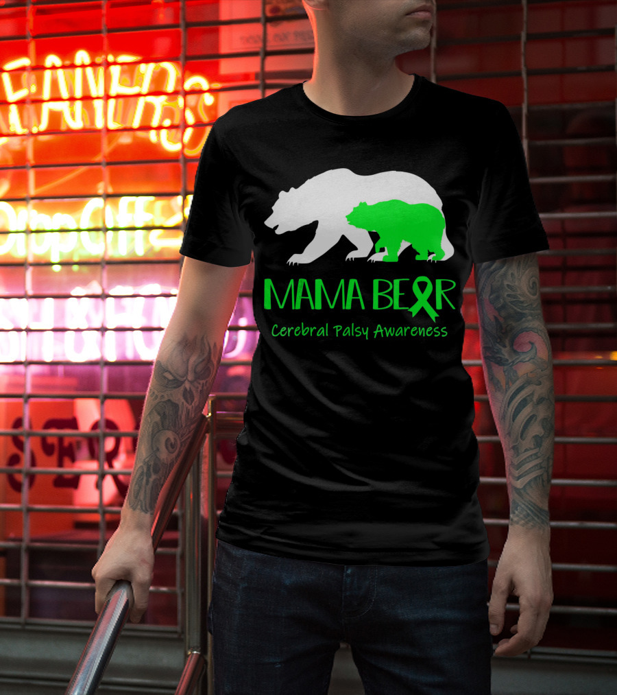 Mama Bear Cerebral Palsy Awareness Green Ribbon Bears T-Shirt