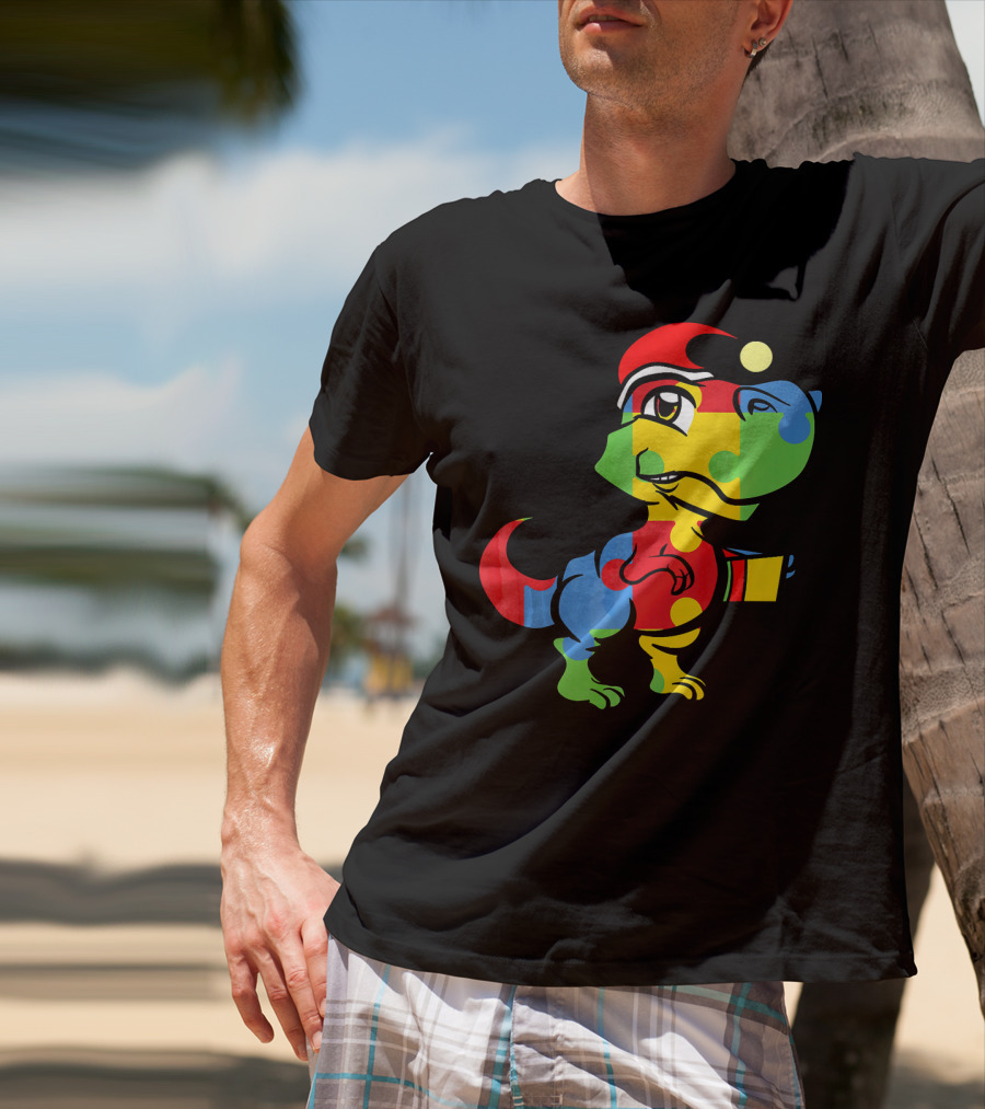 Funny Christmas Autism Awareness Santa Dinosaur Puzzle T-Shirt