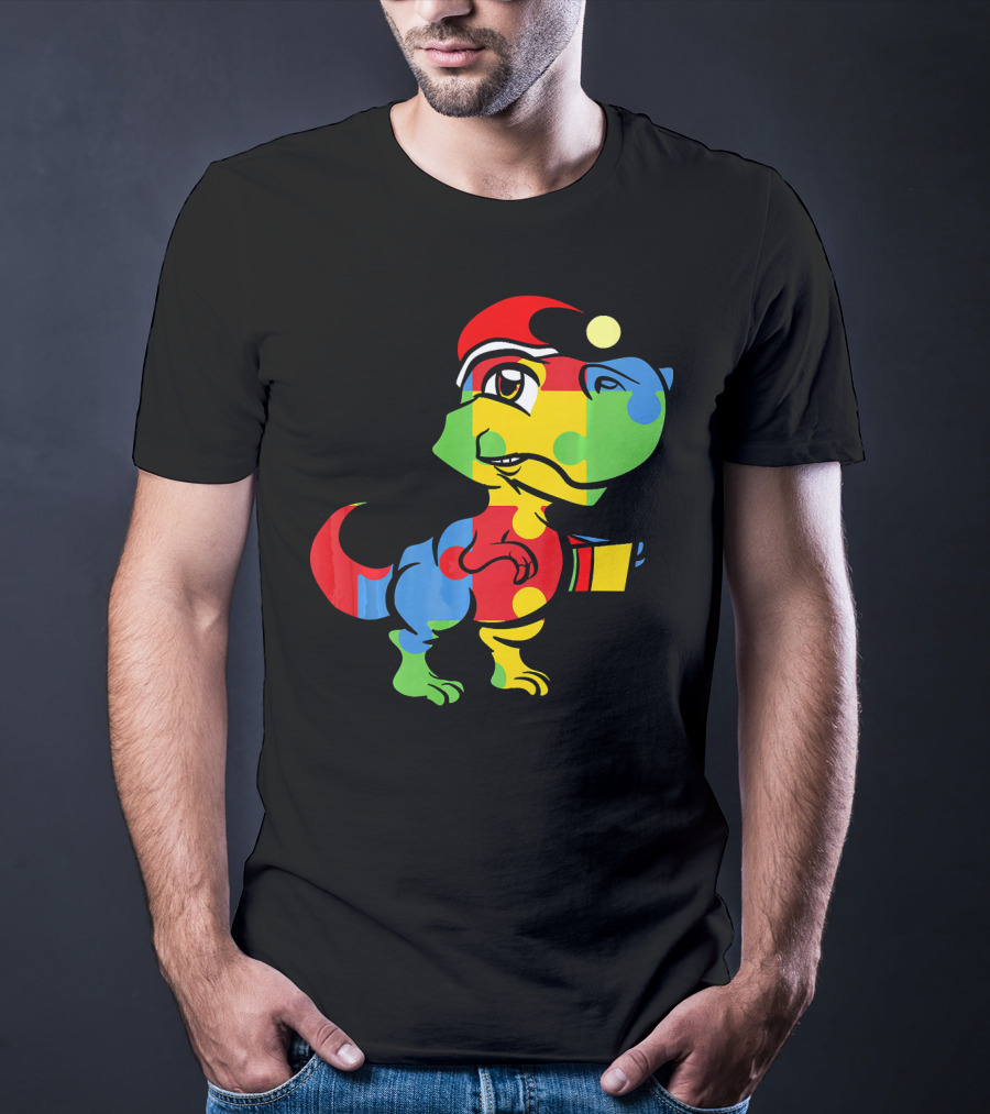 Funny Christmas Autism Awareness Santa Dinosaur Puzzle T-Shirt