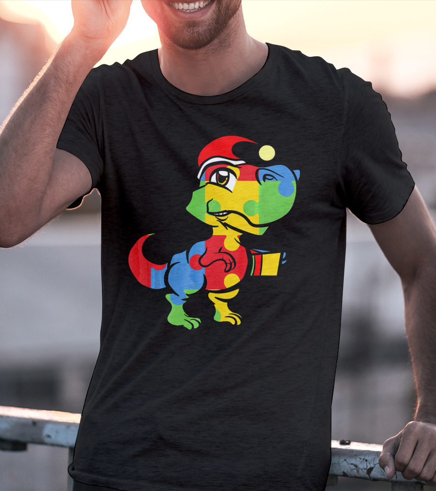 Funny Christmas Autism Awareness Santa Dinosaur Puzzle T-Shirt