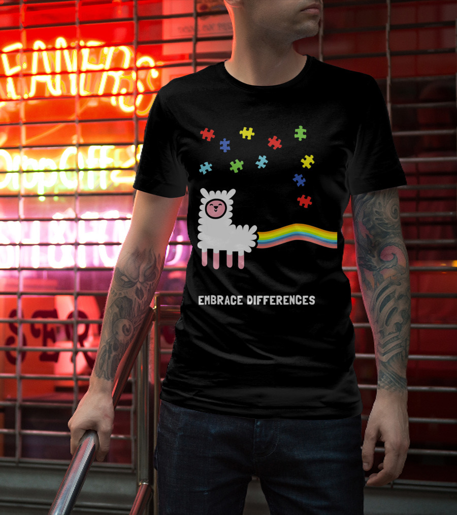 Embrace Differences Autism Awareness Llama Rainbow Puzzle Pieces T-Shirt