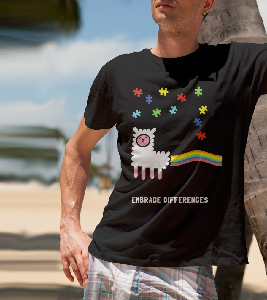 Embrace Differences Autism Awareness Llama Rainbow Puzzle Pieces T-Shirt
