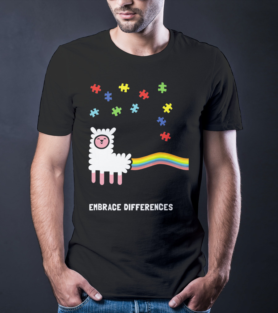 Embrace Differences Autism Awareness Llama Rainbow Puzzle Pieces T-Shirt