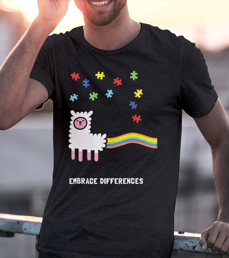 Embrace Differences Autism Awareness Llama Rainbow Puzzle Pieces T-Shirt