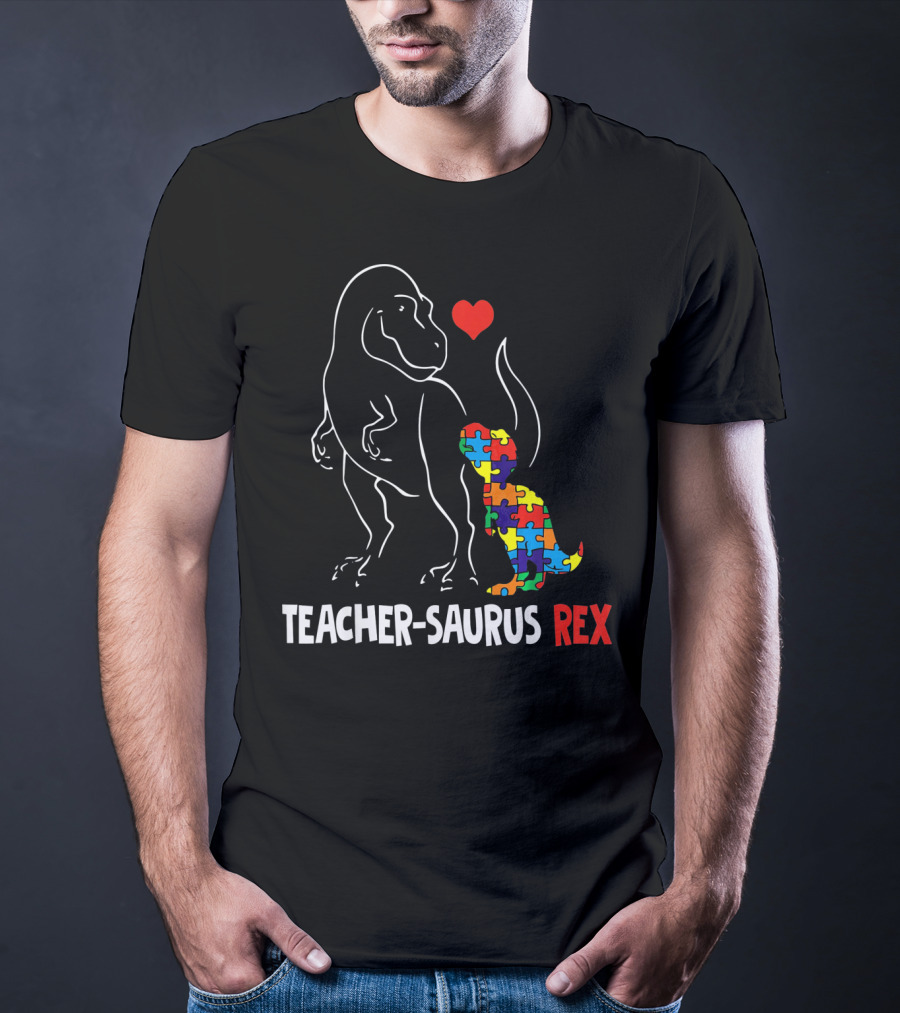Teacher Saurus Rex Dinosaur With Heart And Colorful Puzzle T-Shirt