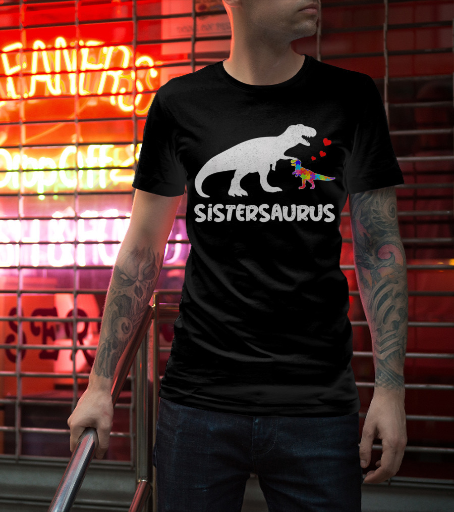 Sistersaurus Dinosaur Rainbow Puzzle Hearts T-Shirt