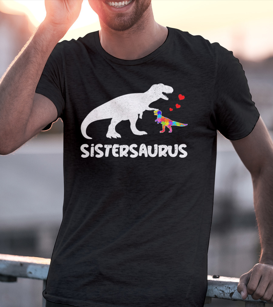 Sistersaurus Dinosaur Rainbow Puzzle Hearts T-Shirt