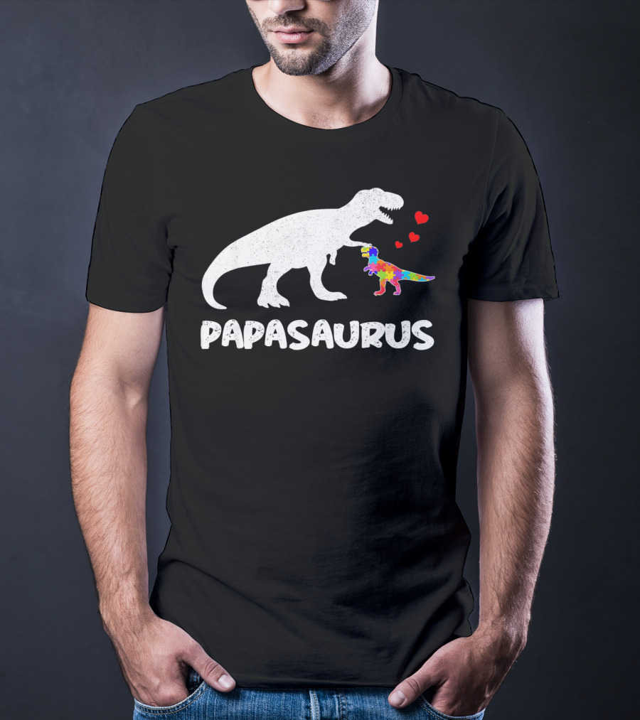 Papasaurus Dinosaur Puzzle Piece Autism Hearts T-Shirt