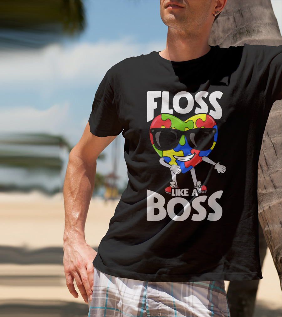 Floss Like A Boss Heart With Puzzle Autism T-Shirt