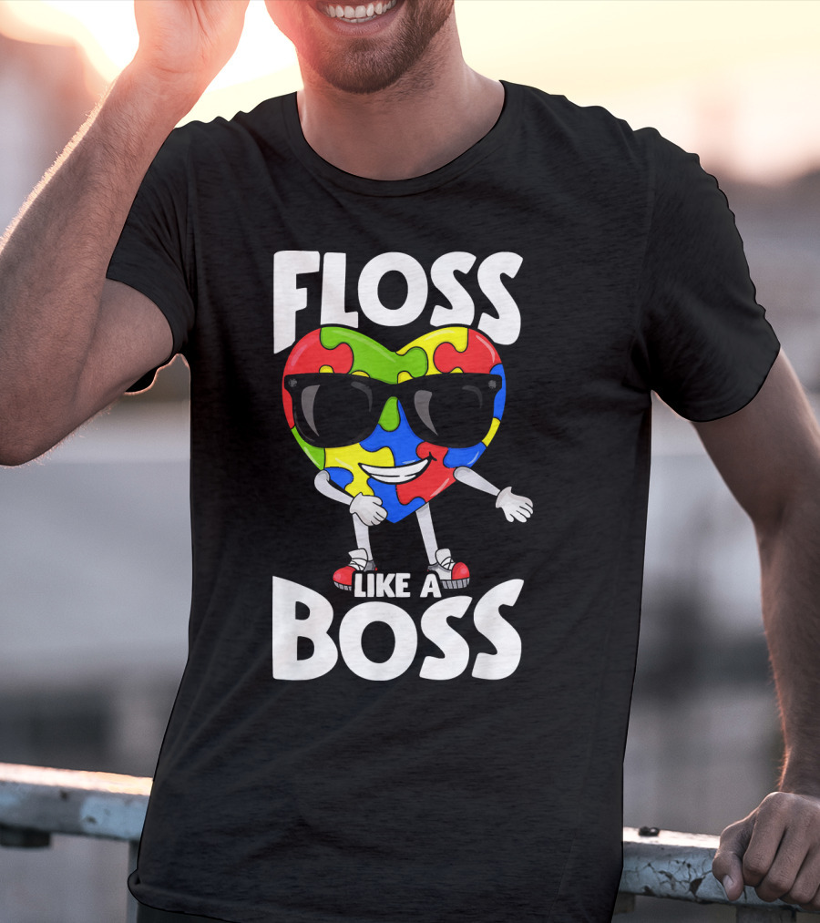 Floss Like A Boss Heart With Puzzle Autism T-Shirt
