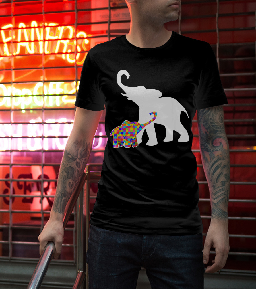 Elephant Autism Awareness Puzzle Pattern Support T-Shirt