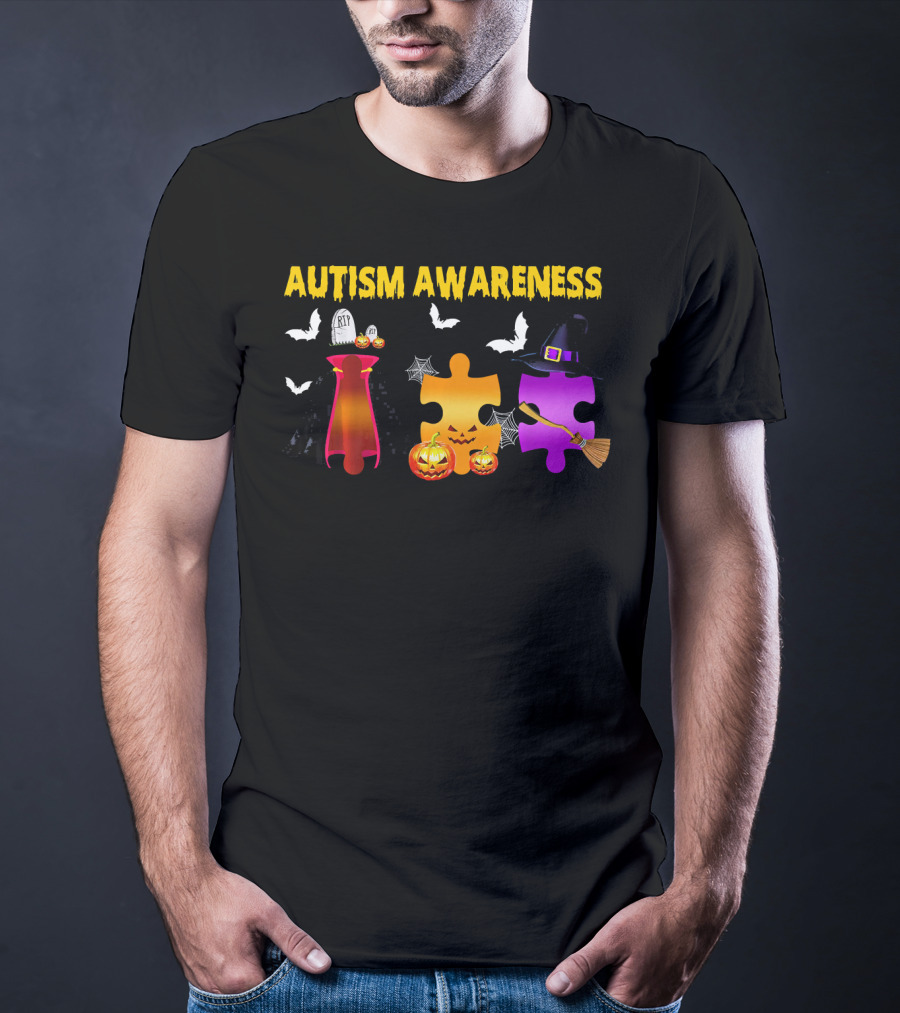 Autism Awareness Halloween Puzzle Pieces With Witch Hat Bats And Pumpkins T-Shirt