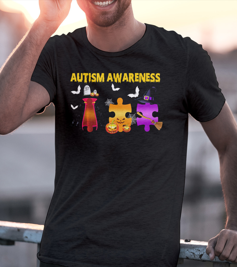 Autism Awareness Halloween Puzzle Pieces With Witch Hat Bats And Pumpkins T-Shirt
