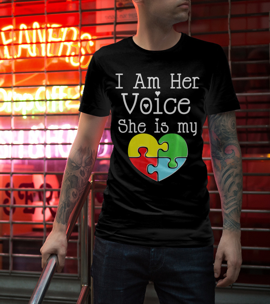 I Am Her Voice She Is My Heart Autism Puzzle Heart T-Shirt