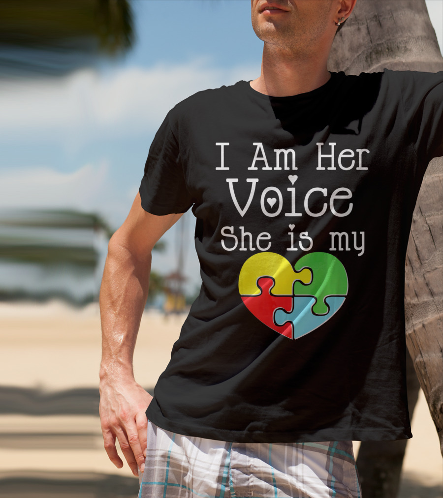 I Am Her Voice She Is My Heart Autism Puzzle Heart T-Shirt