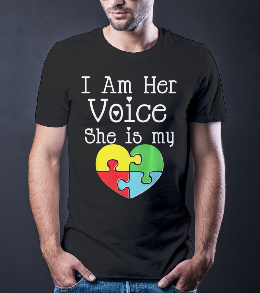 I Am Her Voice She Is My Heart Autism Puzzle Heart T-Shirt