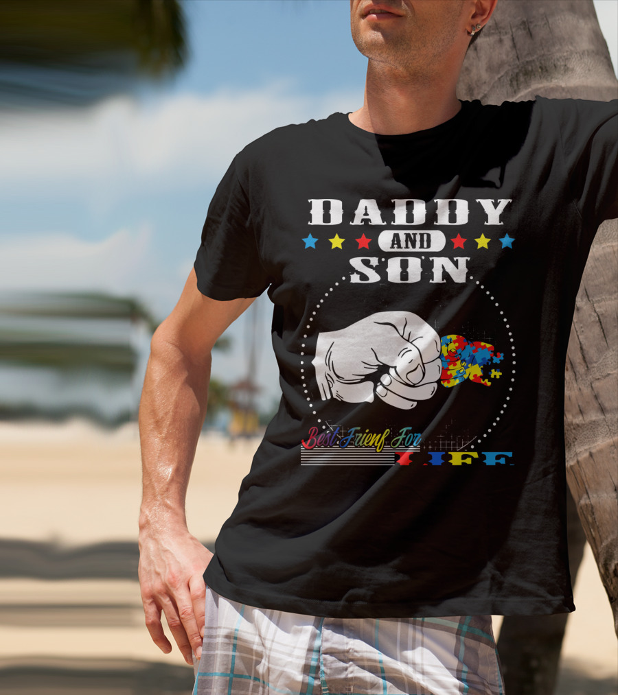 Daddy And Son Best Friends For Life Autism Awareness Puzzle Fist Bump T-Shirt