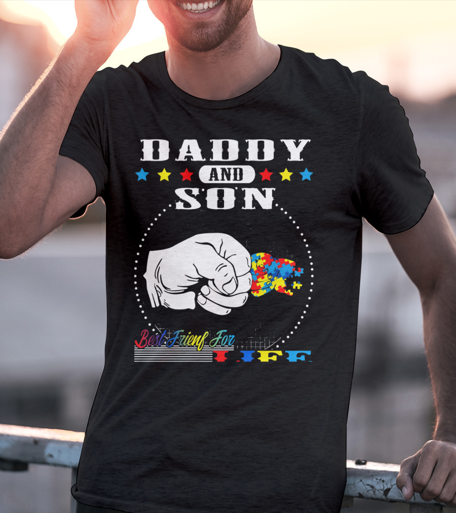 Daddy And Son Best Friends For Life Autism Awareness Puzzle Fist Bump T-Shirt