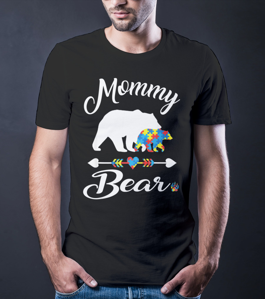 Mommy Bear Autism Awareness Puzzle Pattern Heart T-Shirt