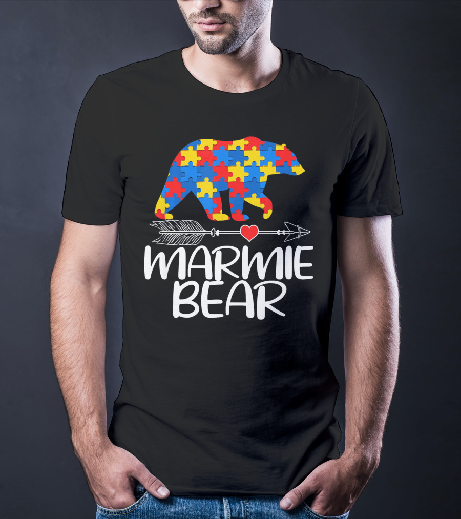Marmie Bear Autism Awareness Puzzle Heart Arrow T-Shirt