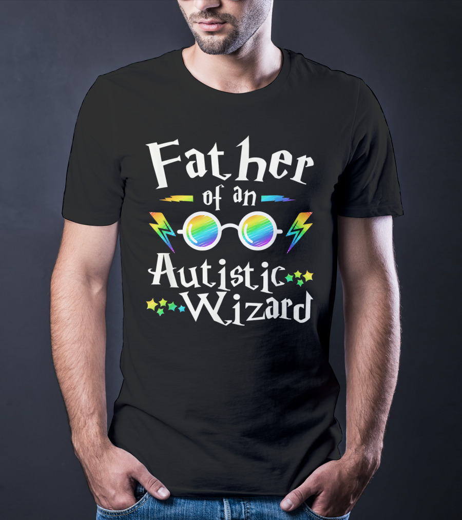 Father Of An Autistic Wizard Colorful Glasses And Lightning Bolts T-Shirt