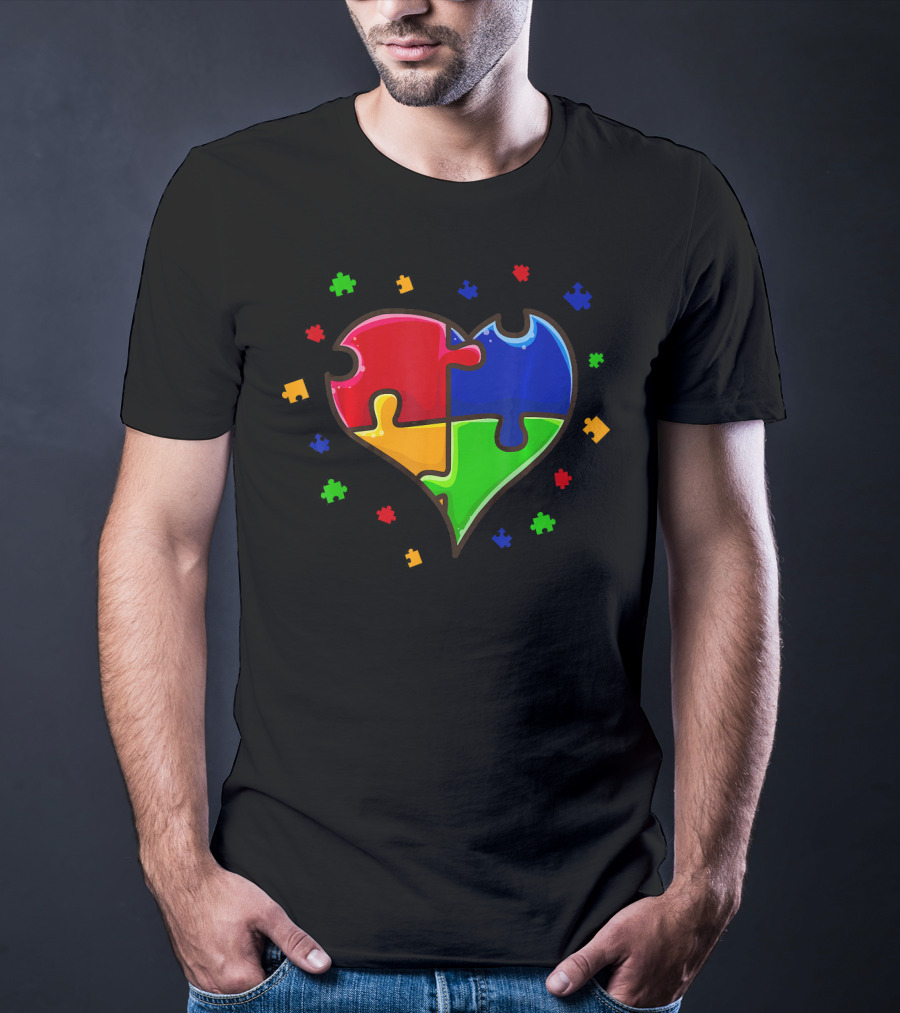 Autism Awareness Month Love Heart Puzzle Pieces T-Shirt