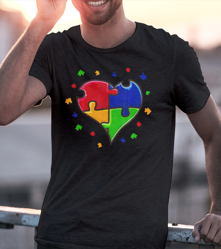 Autism Awareness Month Love Heart Puzzle Pieces T-Shirt