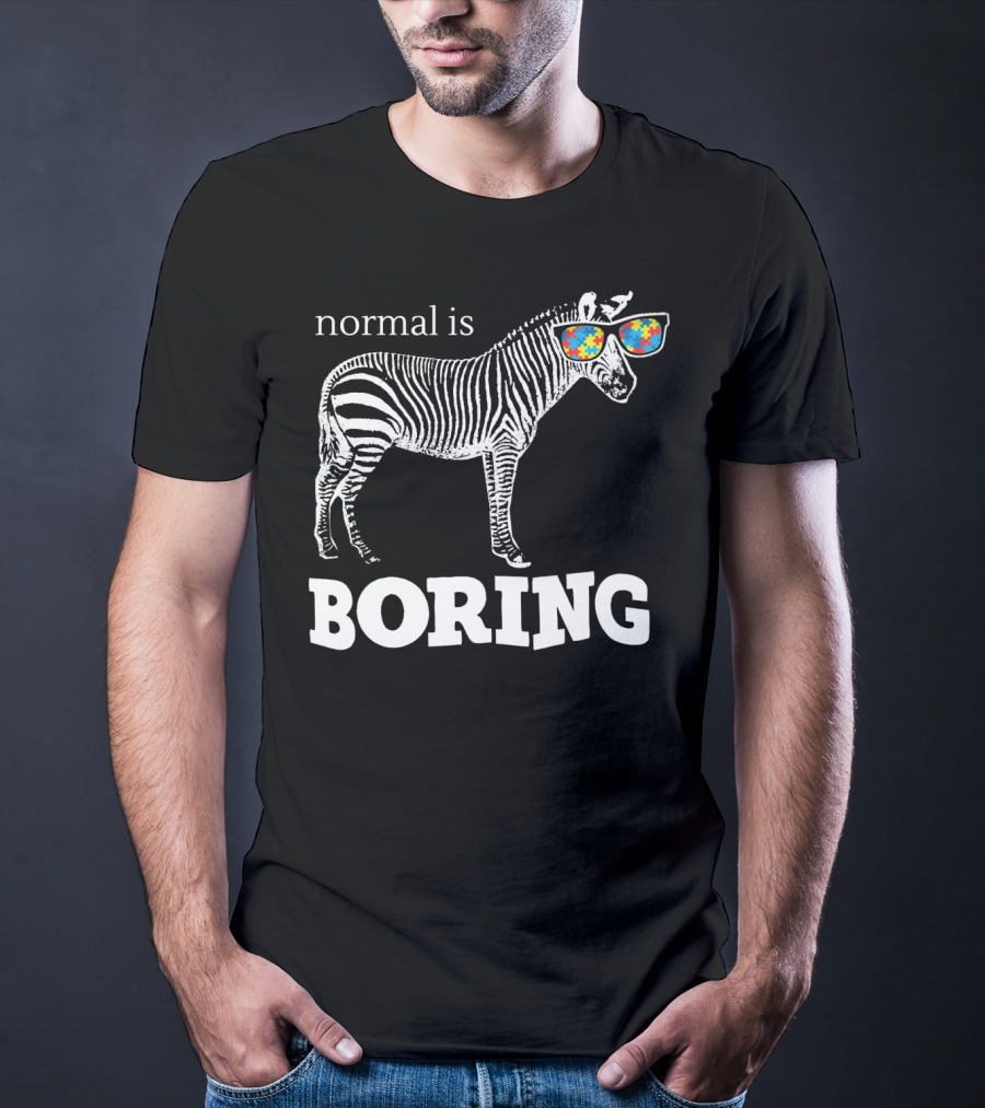 Normal Is Boring Zebra With Puzzle Piece Sunglasses Autism Awareness T-Shirt
