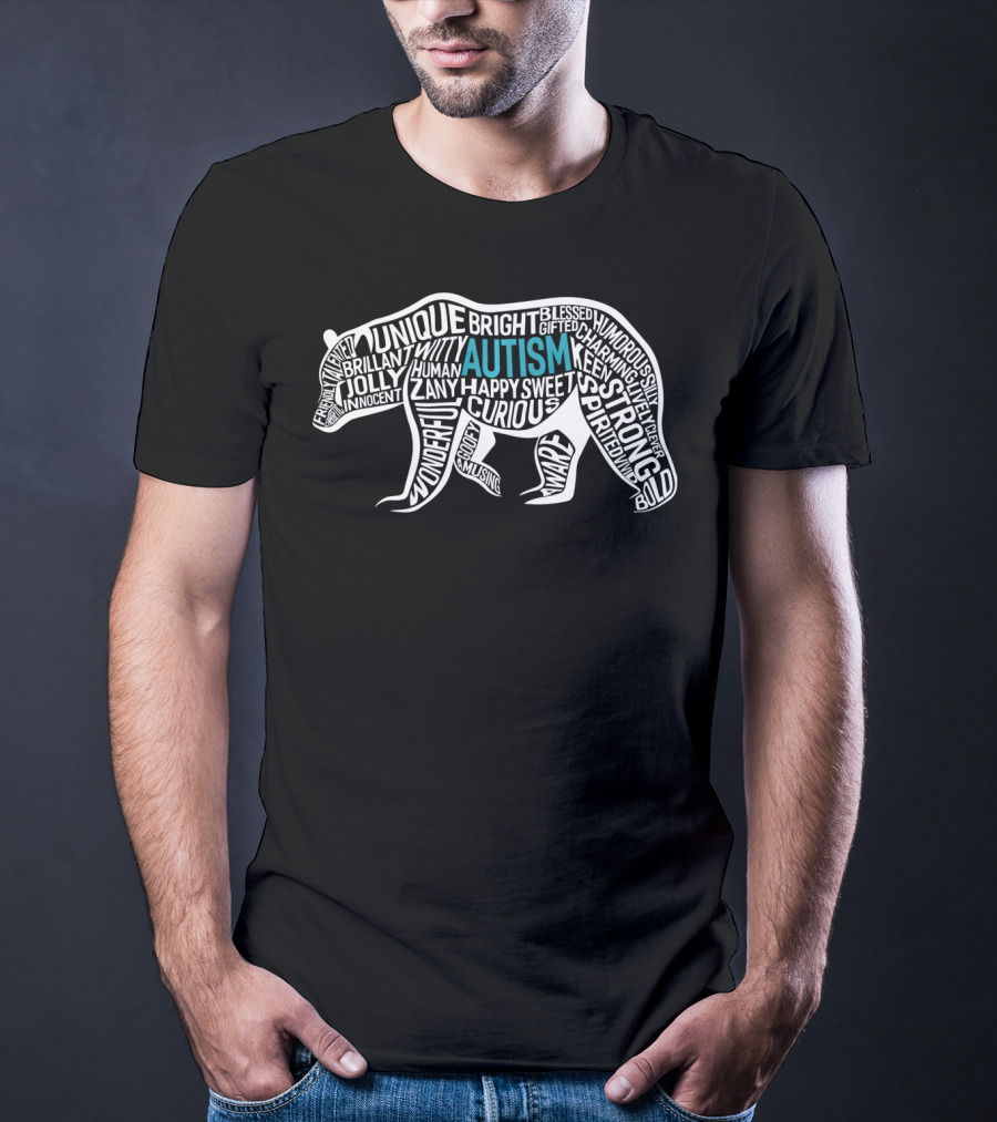 Autism Awareness Bear Word Cloud Unique Strong Curious Happy T-Shirt