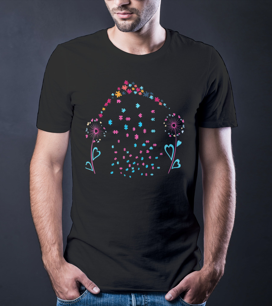 Dandelion Flower Puzzle Pieces Autism Heart T-Shirt