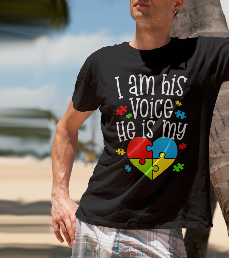 I Am His Voice He Is My Heart Autism Puzzle Pieces T-Shirt