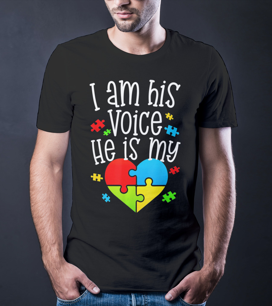 I Am His Voice He Is My Heart Autism Puzzle Pieces T-Shirt