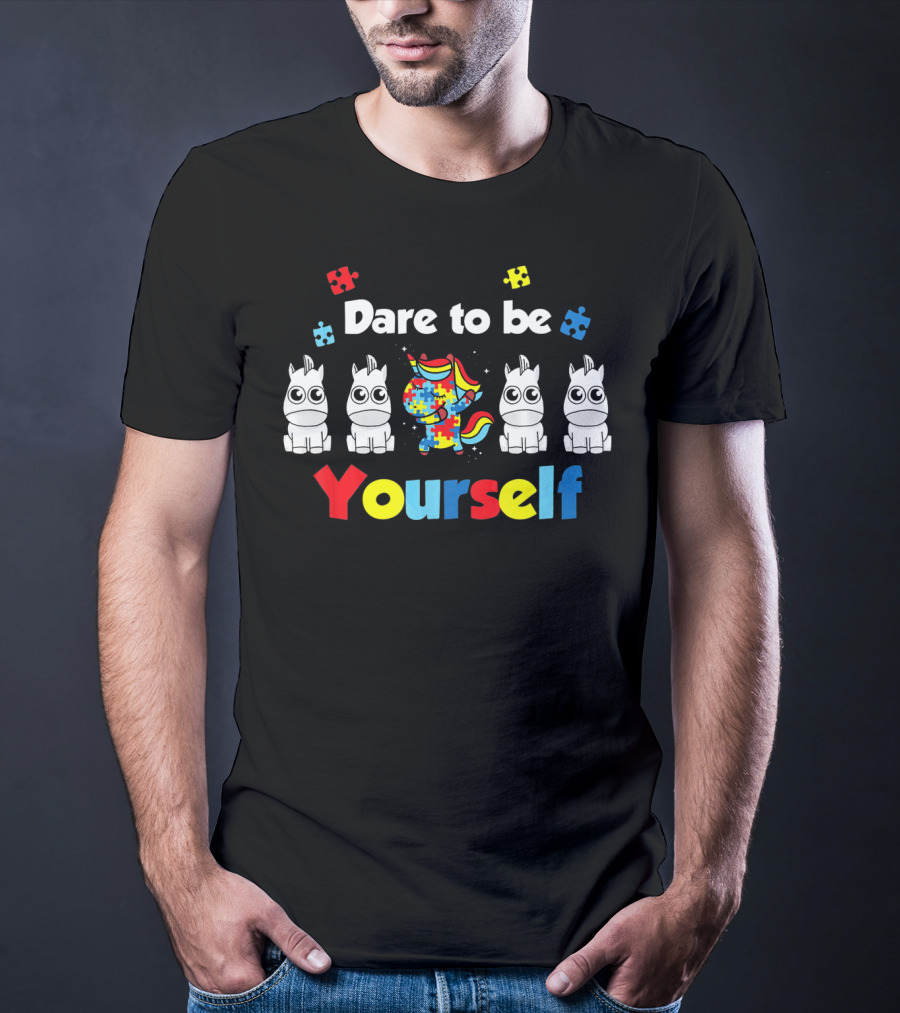Dare To Be Yourself Unicorn Dabbing Autism Puzzle Pieces T-Shirt