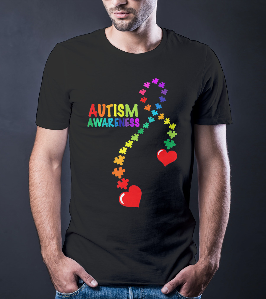 Autism Awareness Puzzle Heart Ribbon Rainbow T-Shirt