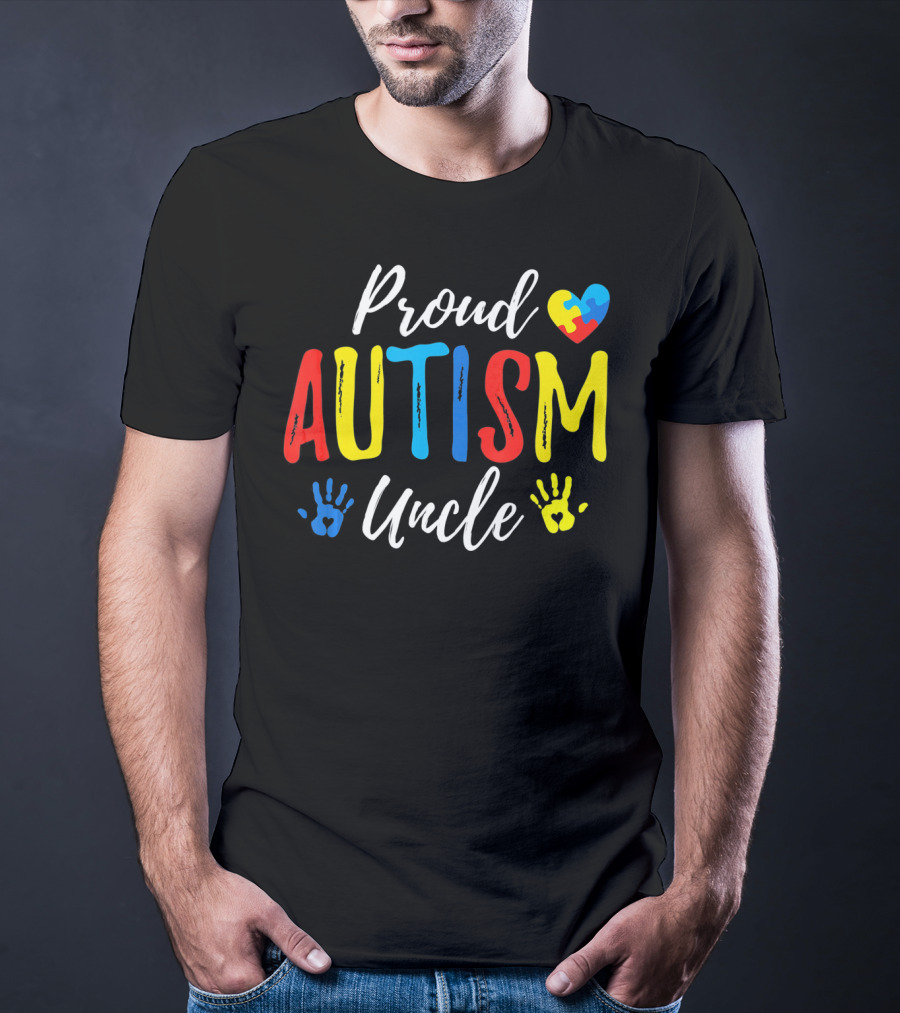 Proud Uncle Autism Awareness Heart Puzzle Handprints T-Shirt